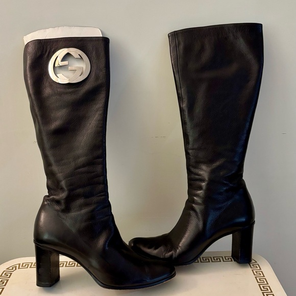 Gucci Black Leather Knee-High Logo Medallion Heeled Boots